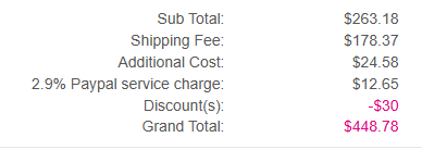 Sub Total:<br />
$263.18<br />
Shipping Fee:<br />
$178.37<br />
Additional Cost:<br />
$24.58<br />
2.9% Paypal service charge:<br />
$12.65<br />
Discount(s):<br />
-$30<br />
Grand Total:<br />
$448.78